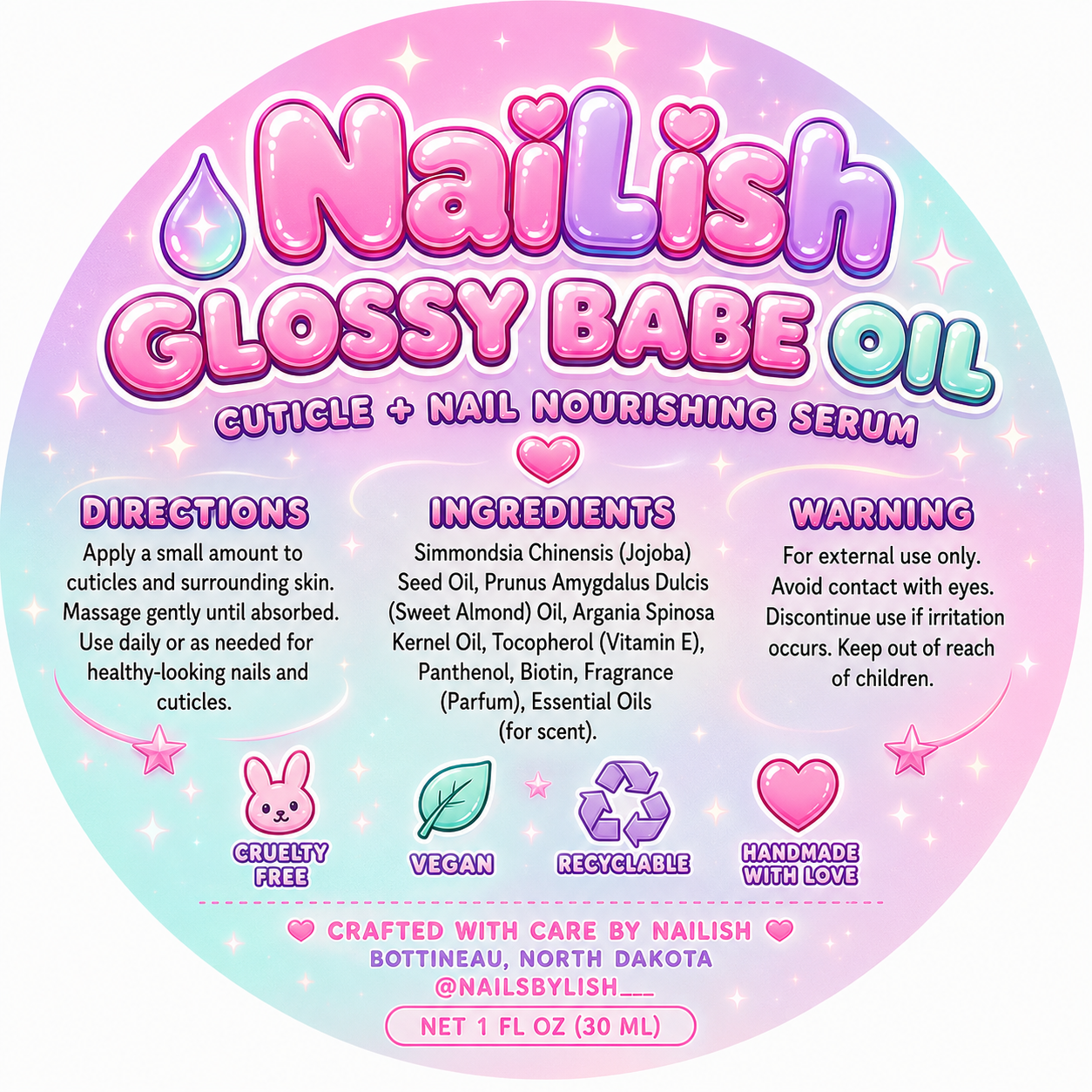 Glossy Babe Oil directions and ingredients label